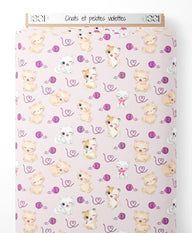Tissu - Chats et pelotes violettes