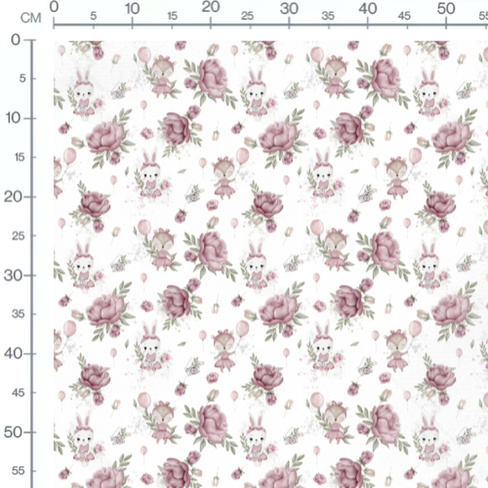 Tissu - Animaux et fleurs roses