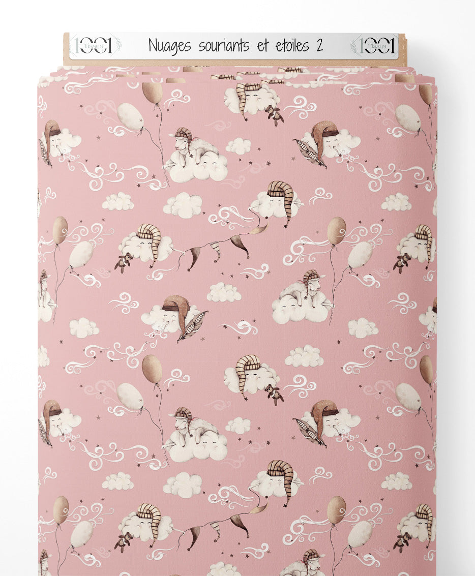 Tissu - Nuages souriants et étoiles 2
