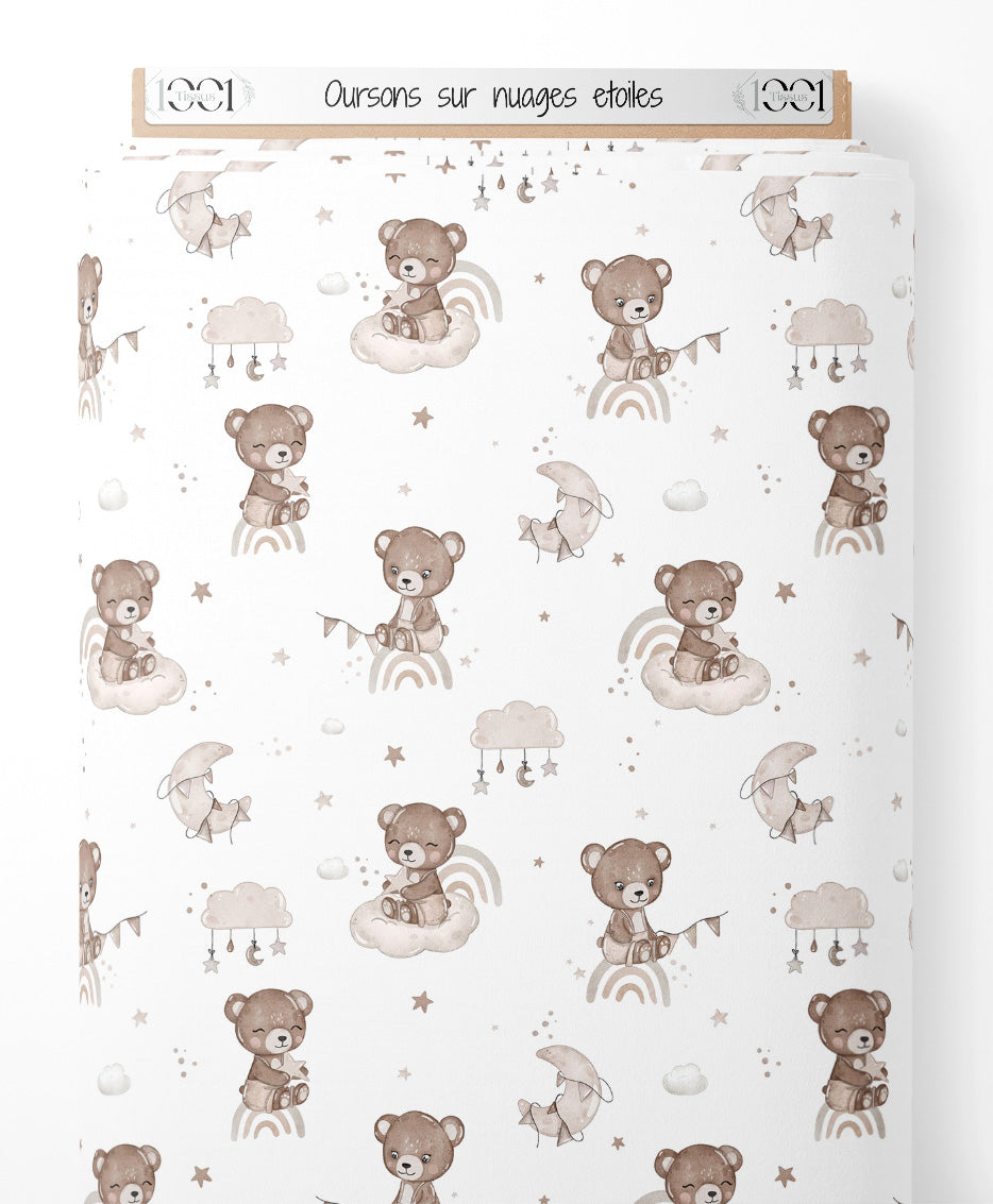 Tissu - Oursons sur nuages étoilés