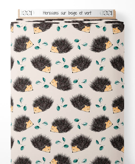 Tissu - Hérissons sur beige et vert