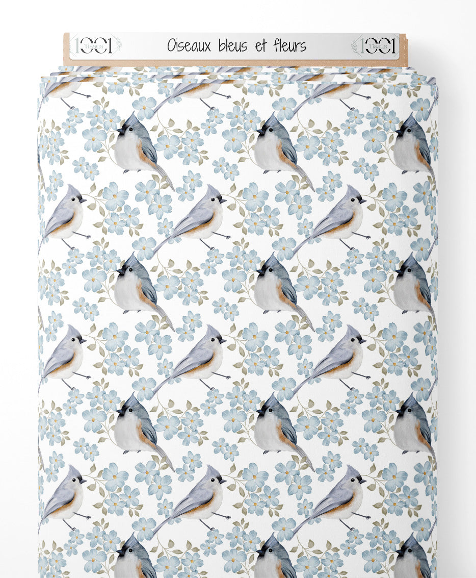 Tissu - Oiseaux bleus et fleurs