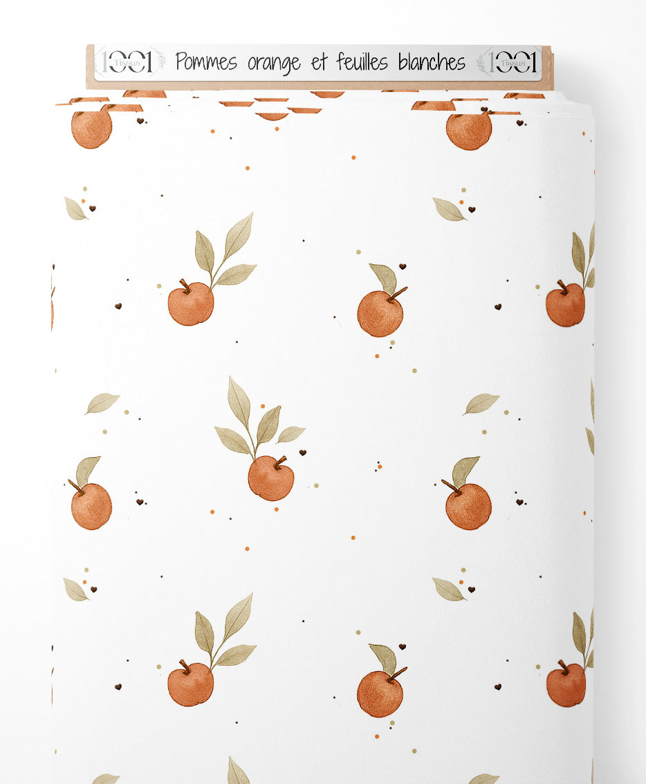 Tissu - Pommes orange et feuilles blanches