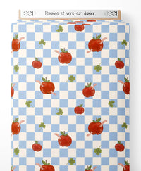 Tissu - Pommes et vers sur damier