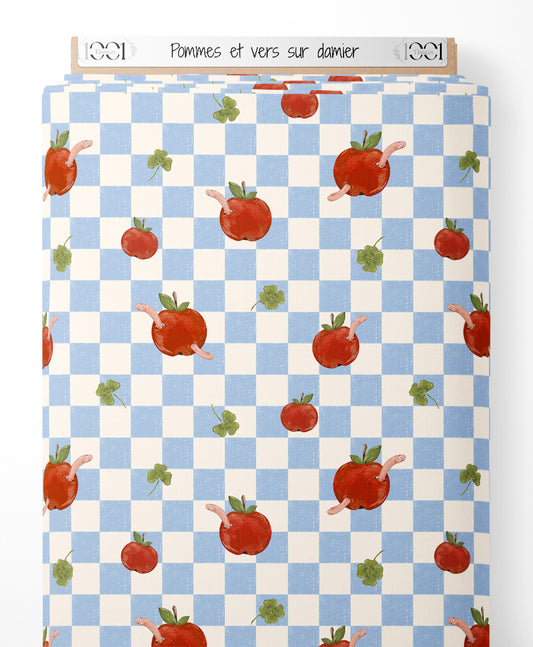 Tissu - Pommes et vers sur damier