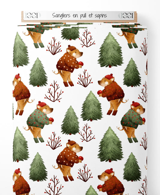 Tissu - Sangliers en pull et sapins
