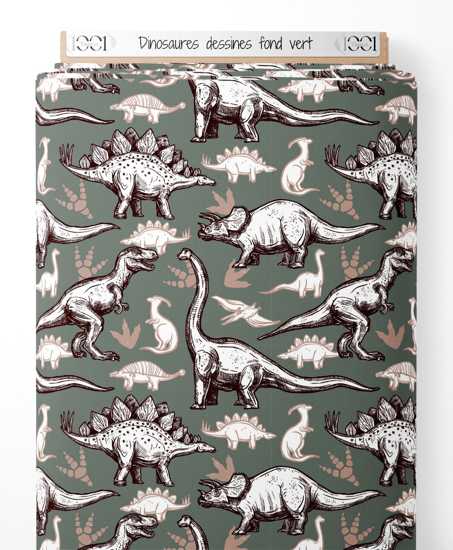 Tissu - Dinosaures dessinés sur fond vert