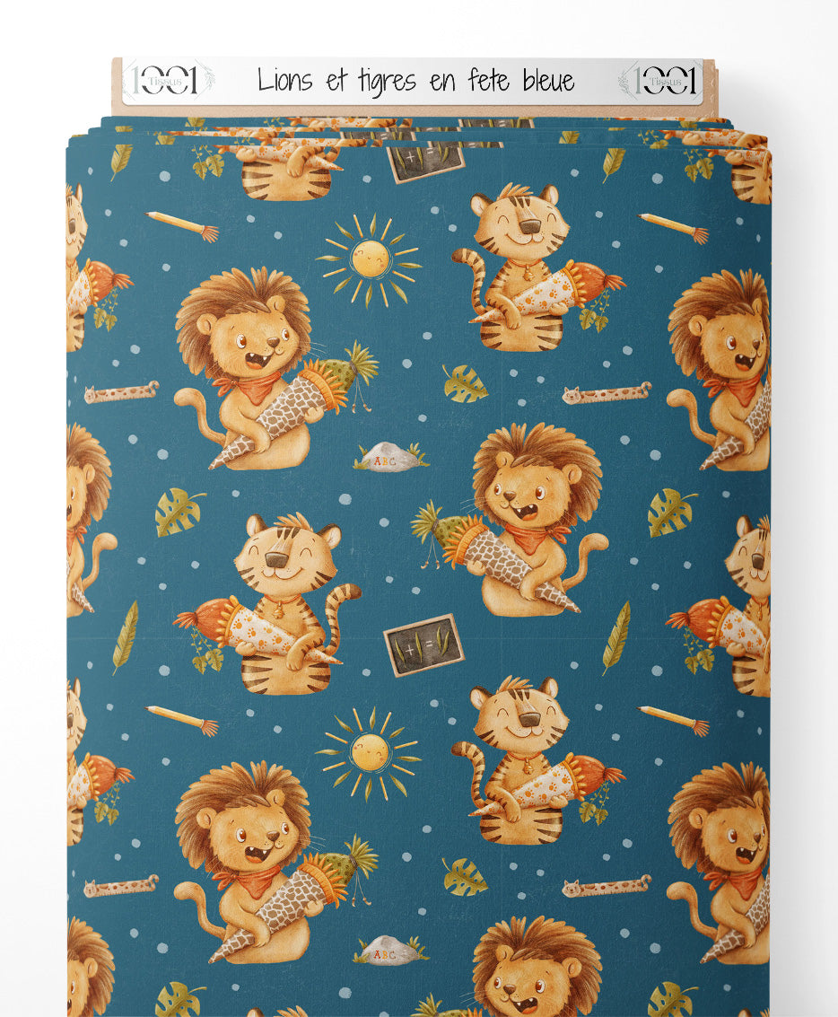 Tissu - Lions et tigres en fête bleue