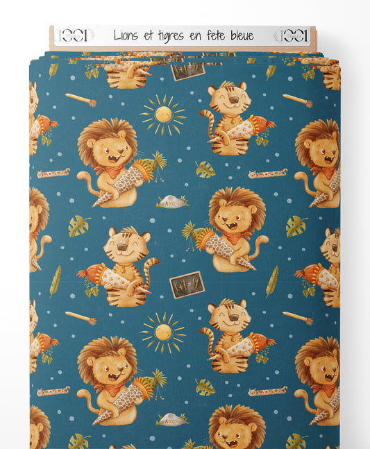 Tissu - Lions et tigres en fête bleue
