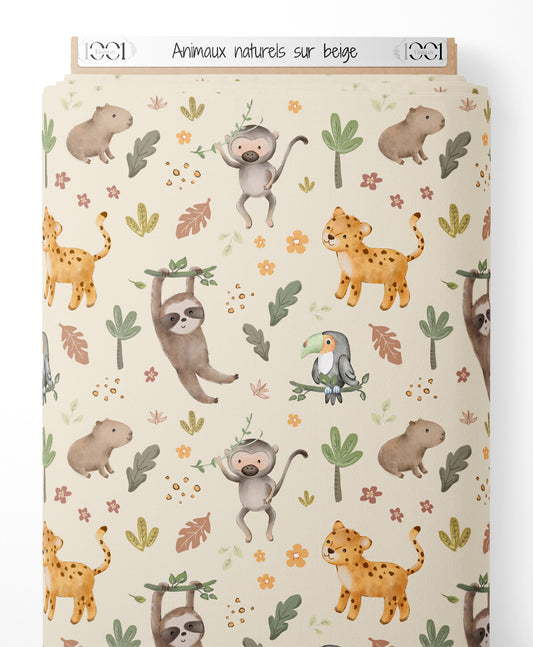 Tissu - Animaux naturels sur beige