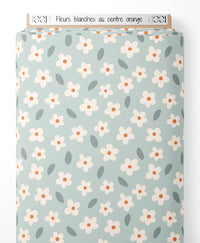 Tissu - Fleurs blanches au centre orange
