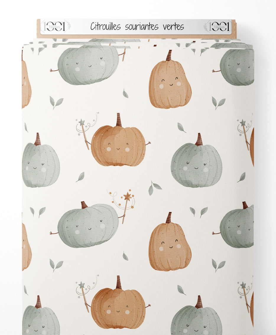 Tissu - Citrouilles souriantes vertes