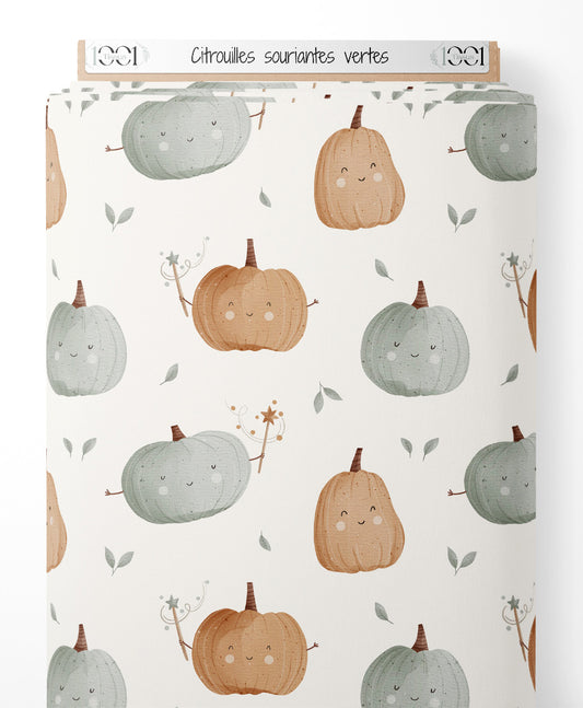 Tissu - Citrouilles souriantes vertes