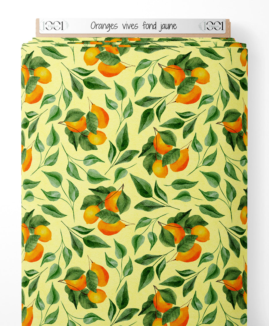 Tissu - Oranges vives sur fond jaune
