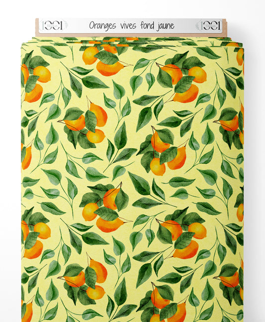 Tissu - Oranges vives sur fond jaune