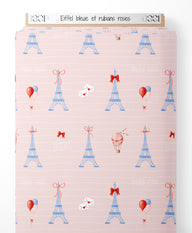 Tissu - Eiffel bleue et rubans roses