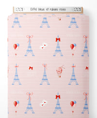 Tissu - Eiffel bleue et rubans roses