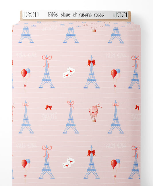 Tissu - Eiffel bleue et rubans roses