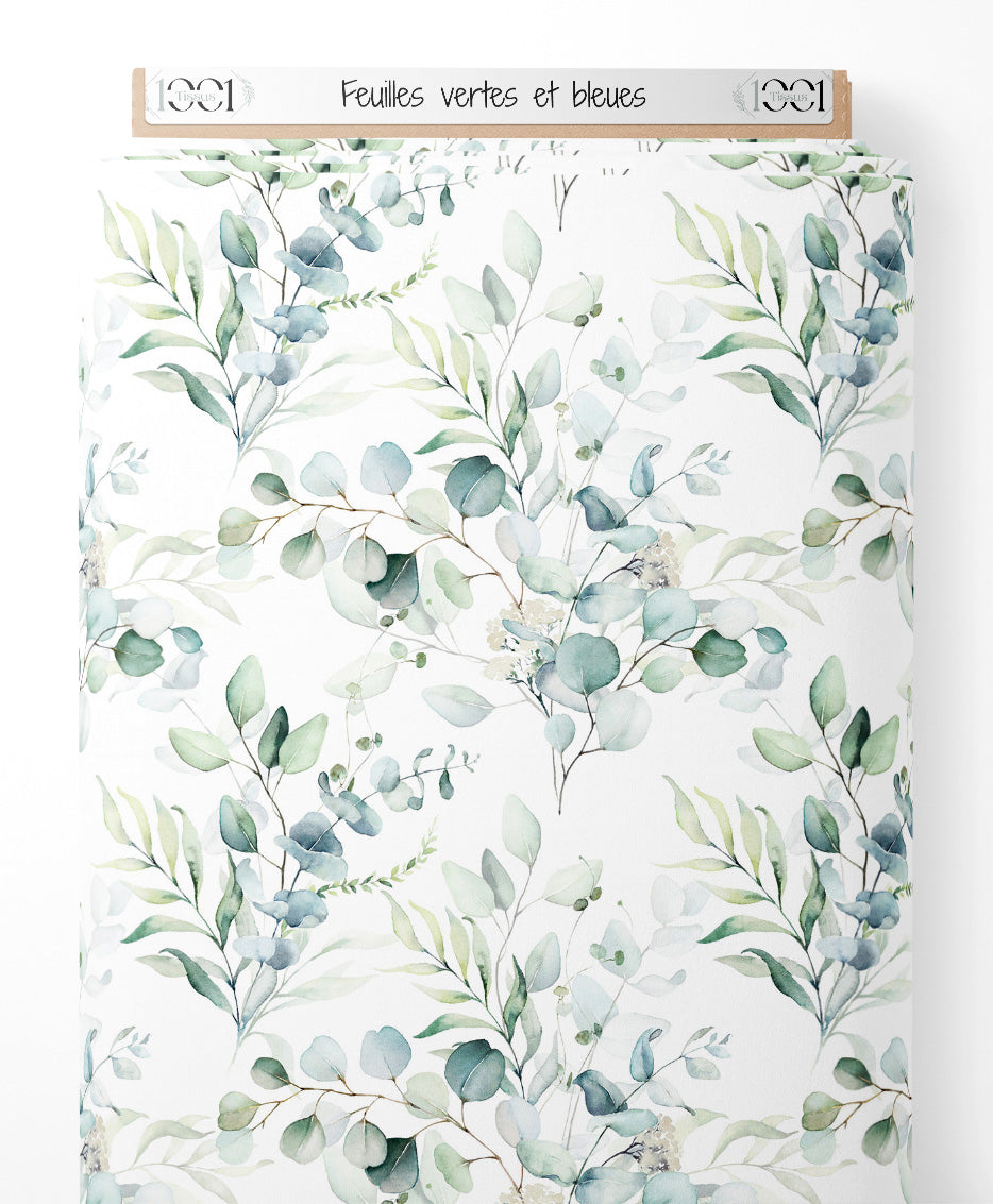 Tissu - Feuilles vertes et bleues