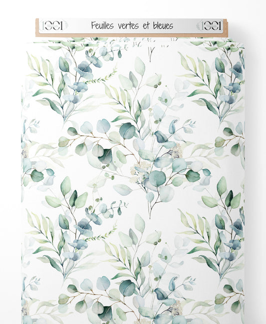 Tissu - Feuilles vertes et bleues