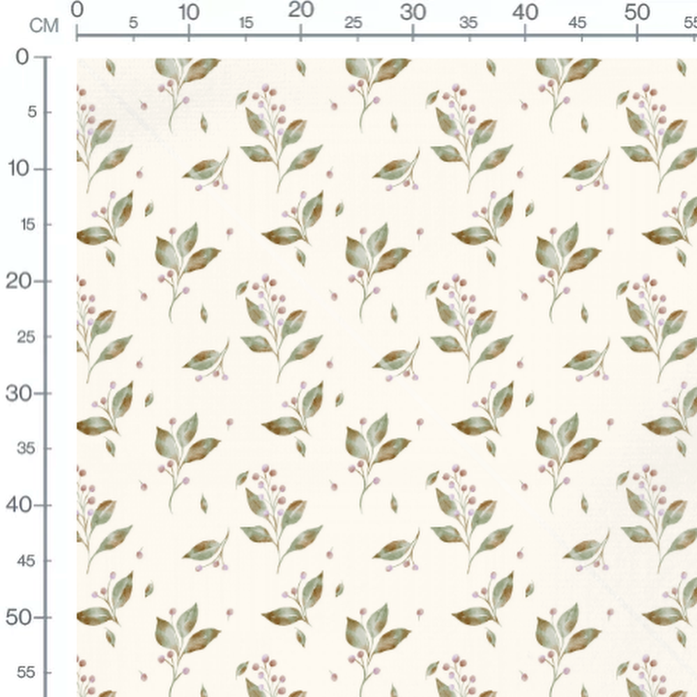 Tissu - Feuilles vertes et baies crème