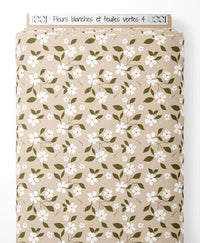 Tissu - Fleurs blanches et feuilles vertes 4