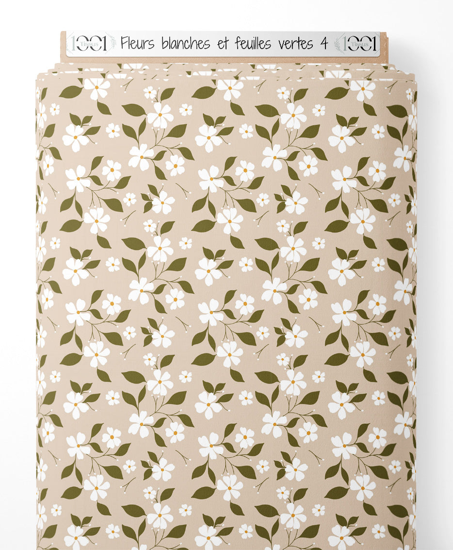 Tissu - Fleurs blanches et feuilles vertes 4