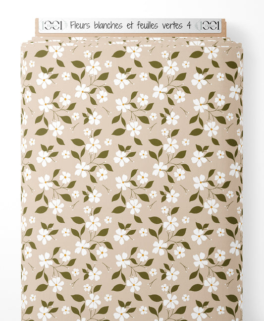 Tissu - Fleurs blanches et feuilles vertes 4