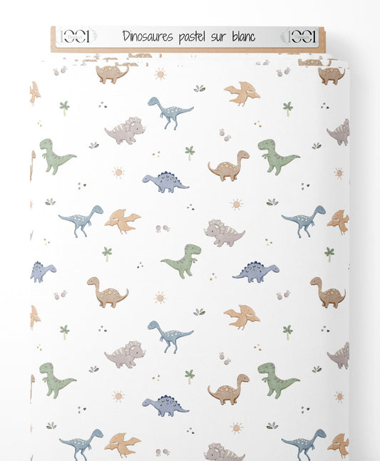 Tissu - Dinosaures pastel sur blanc
