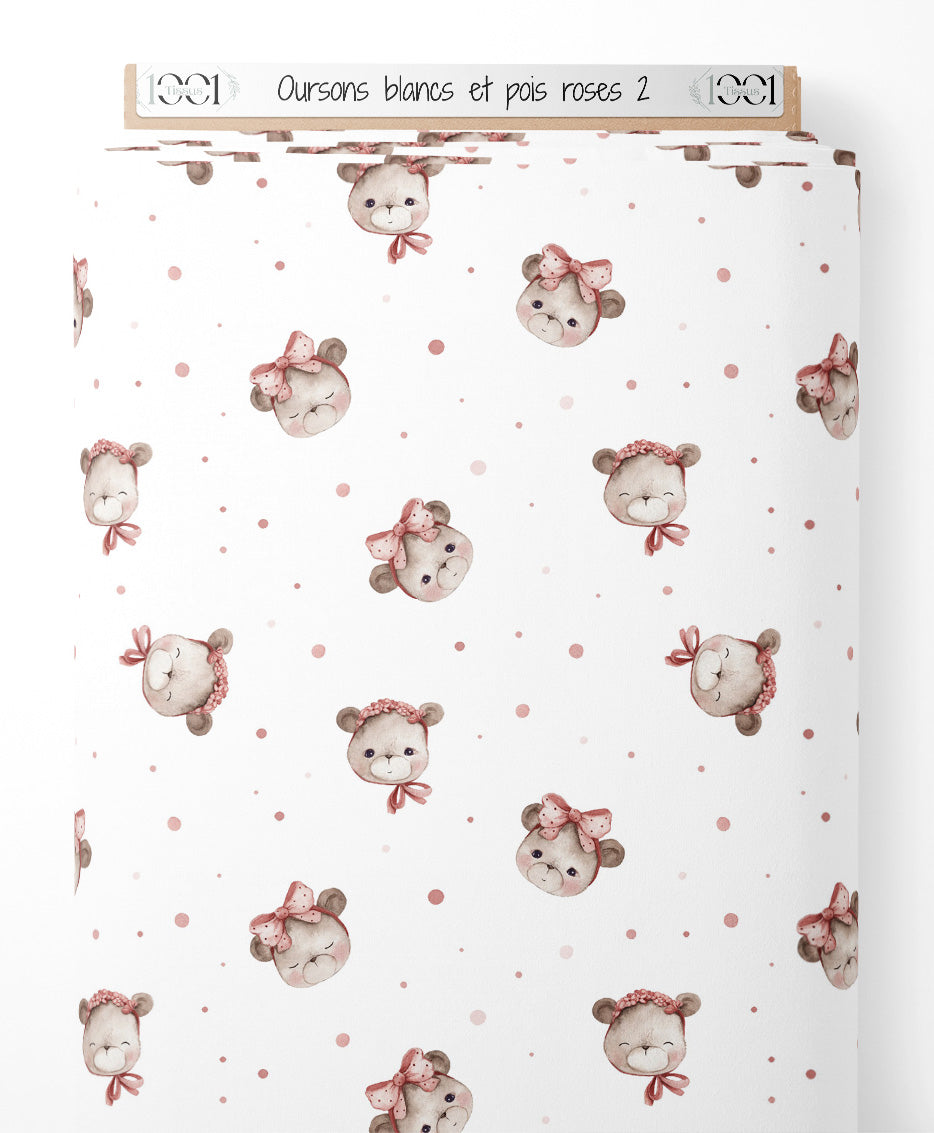 Tissu - Oursons blancs et pois roses 2