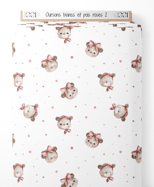 Tissu - Oursons blancs et pois roses 2