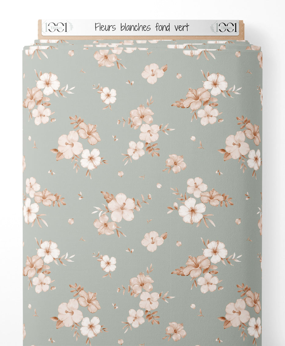 Tissu - Fleurs blanches sur fond vert