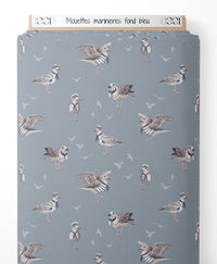 Tissu - Mouettes marinières sur fond bleu