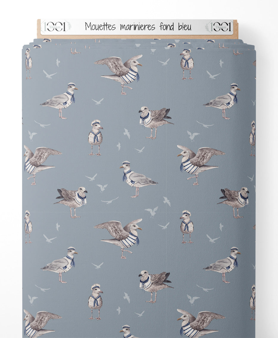 Tissu - Mouettes marinières sur fond bleu