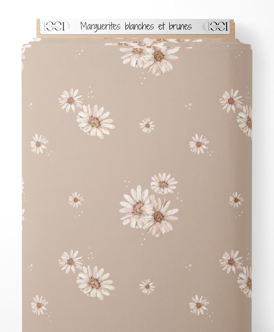 Tissu - Marguerites blanches et brunes