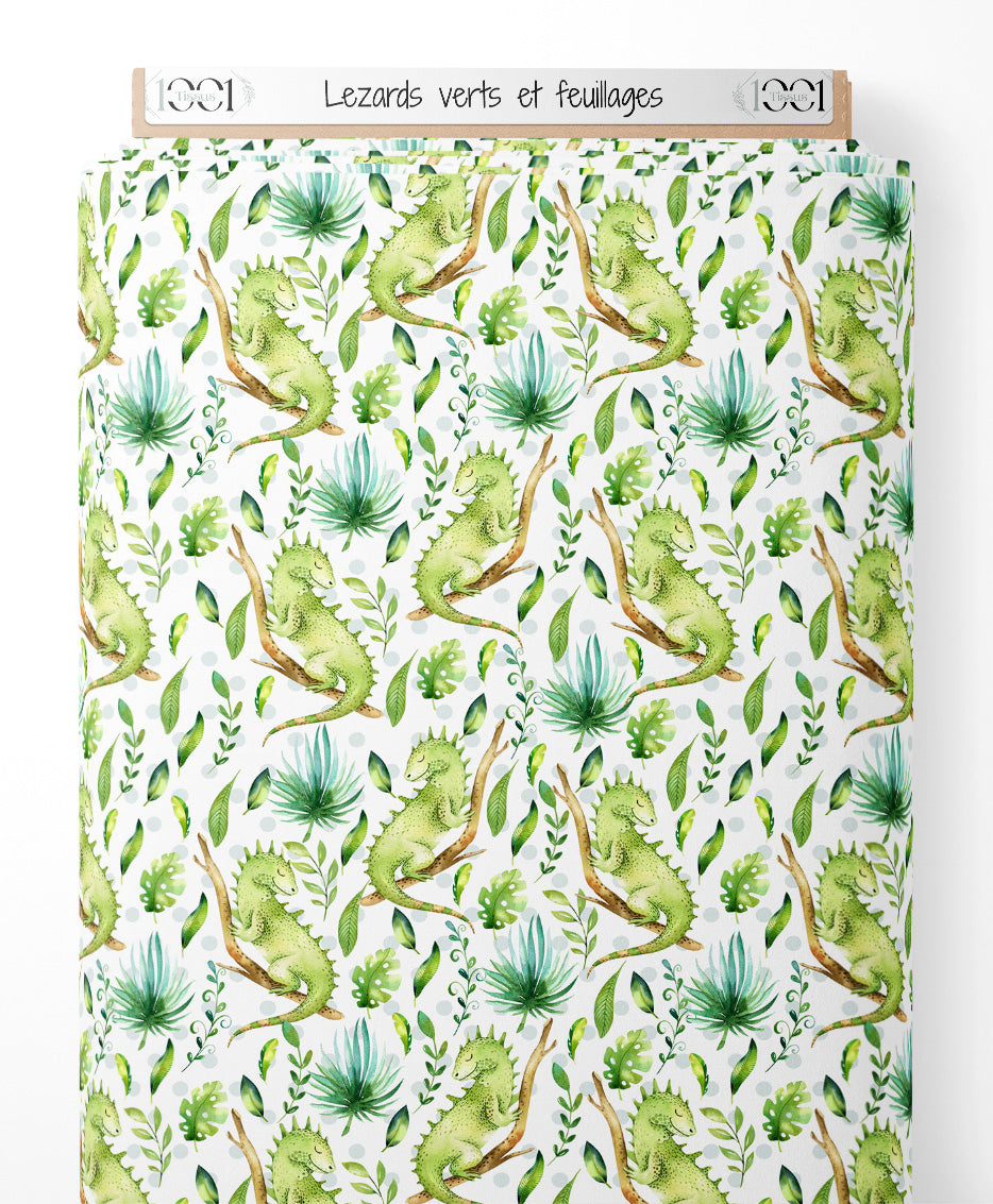 Tissu - Lézards verts et feuillages