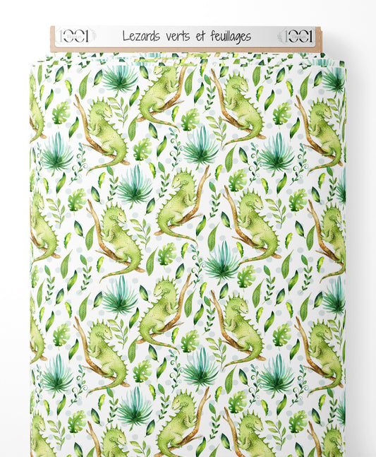Tissu - Lézards verts et feuillages