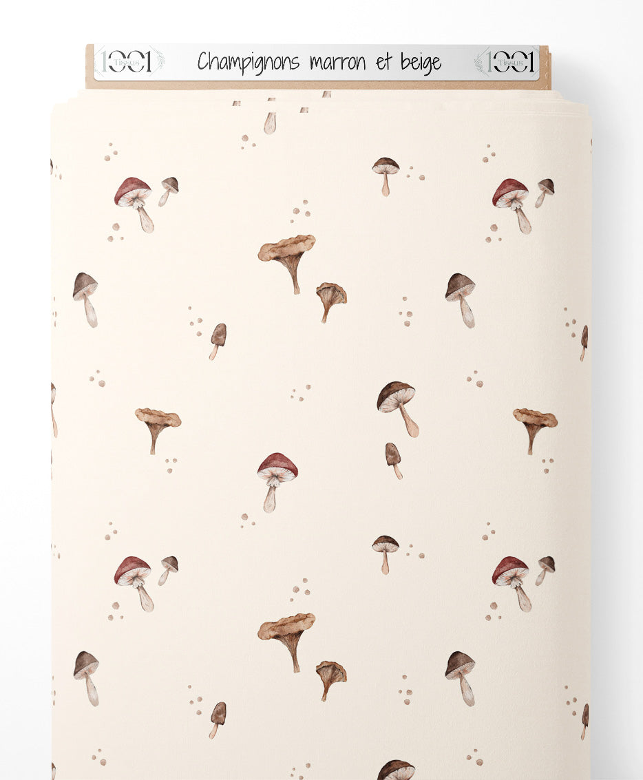 Tissu - Champignons marron et beige