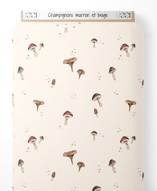 Tissu - Champignons marron et beige