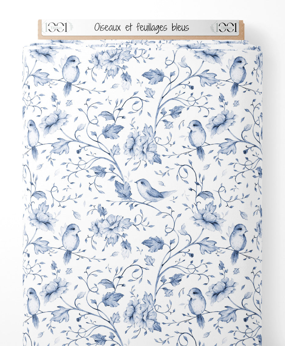 Tissu - Oiseaux et feuillages bleus