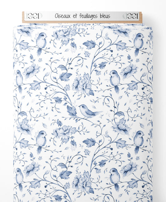 Tissu - Oiseaux et feuillages bleus