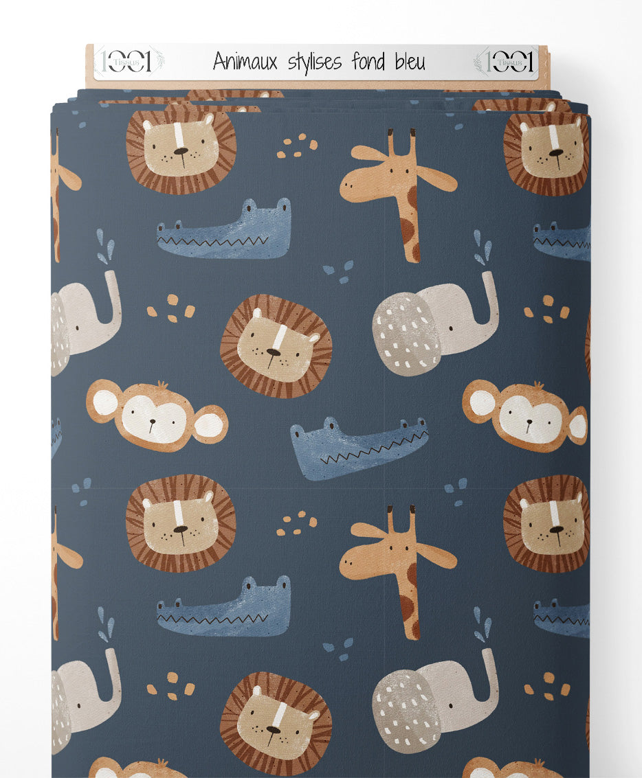 Tissu - Animaux stylisés sur fond bleu