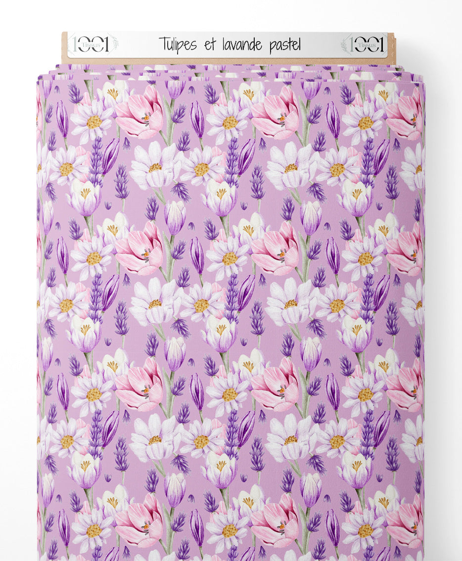 Tissu - Tulipes et lavande pastel
