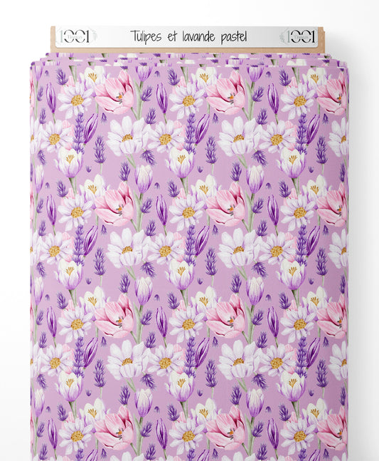 Tissu - Tulipes et lavande pastel