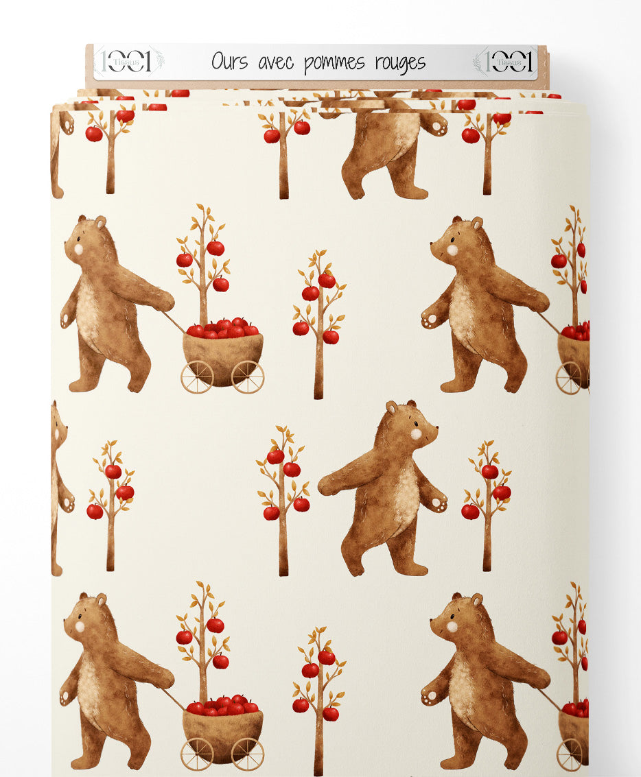 Tissu - Ours avec pommes rouges