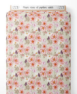 Tissu - Fleurs roses et papillons violets
