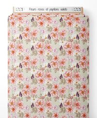 Tissu - Fleurs roses et papillons violets
