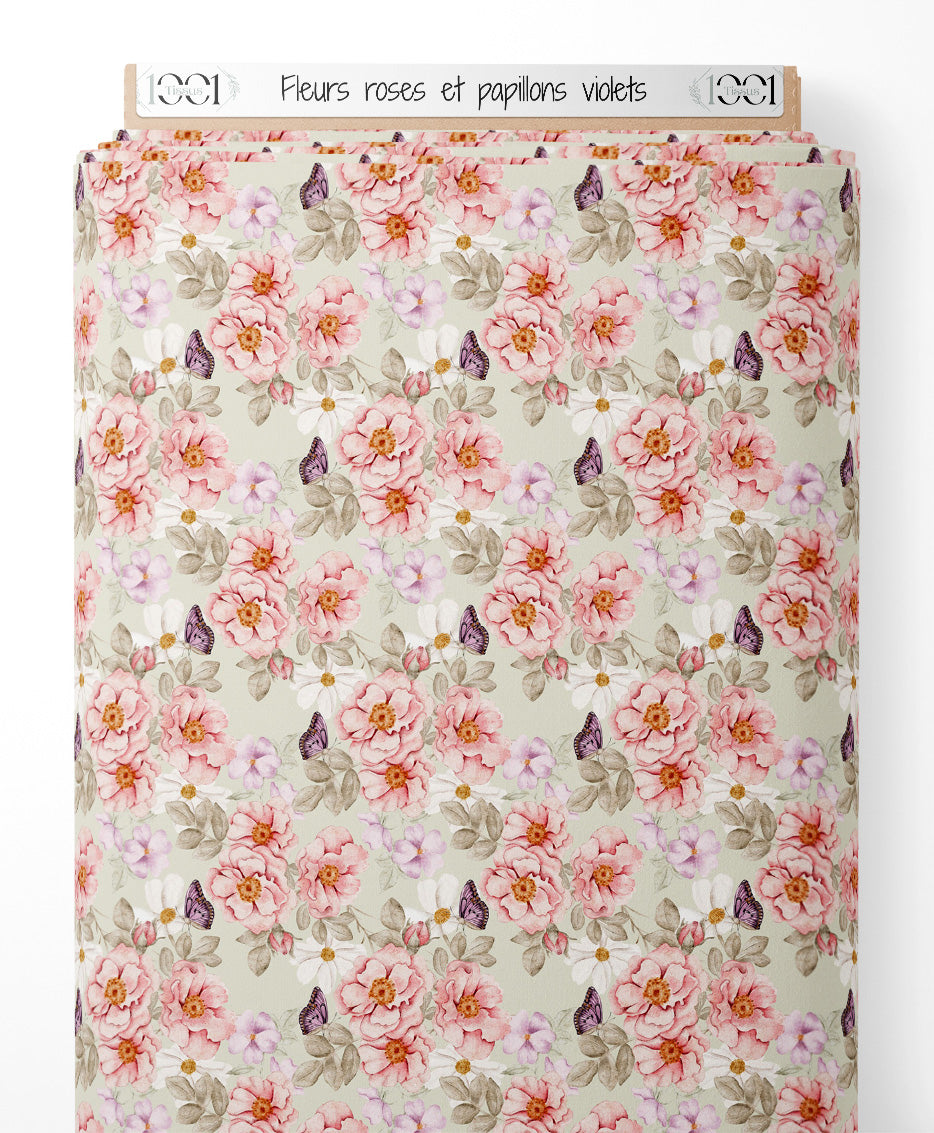 Tissu - Fleurs roses et papillons violets