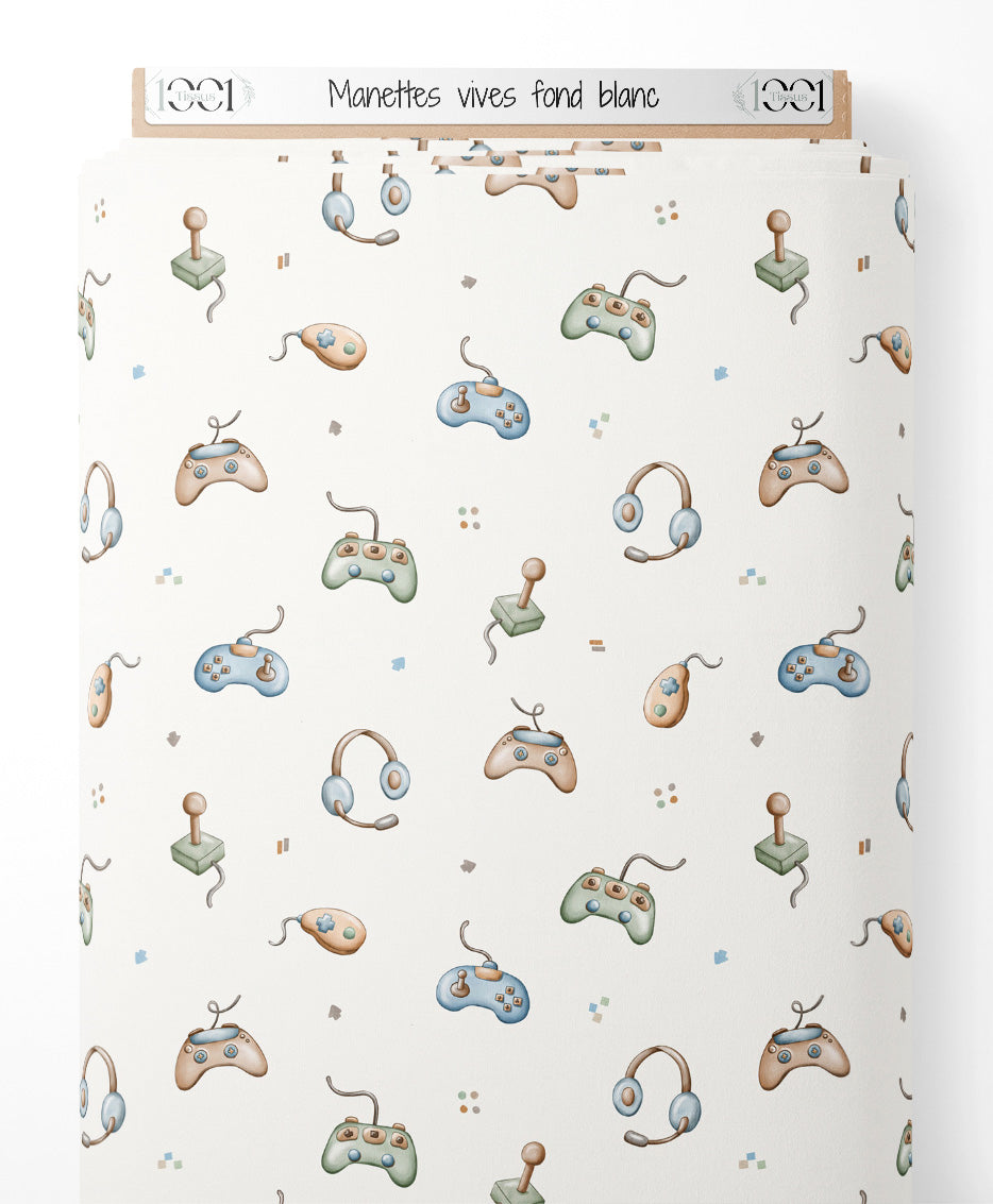 Tissu - Manettes vives sur fond blanc