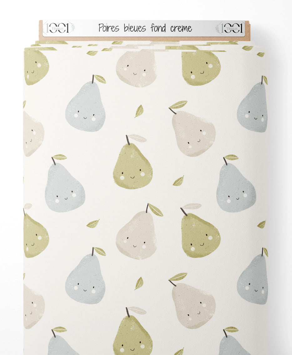 Tissu - Poires bleues sur fond crème